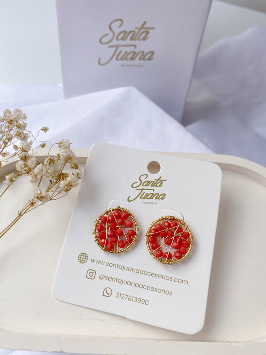 Aretes Redondo Tejido Pequeño Rojo